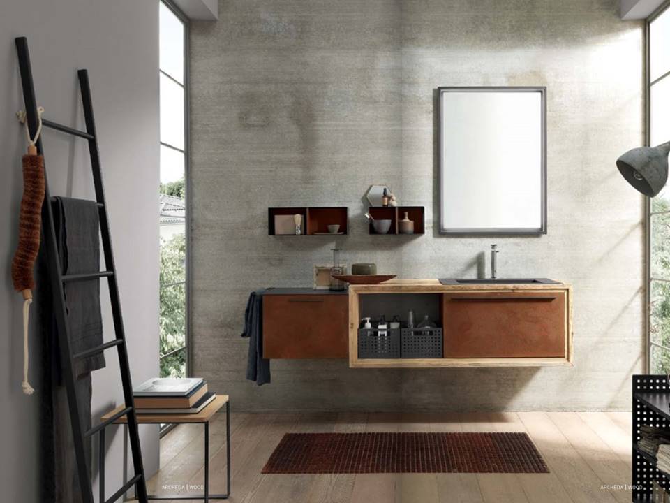 mobile da bagno legno e metallo corten