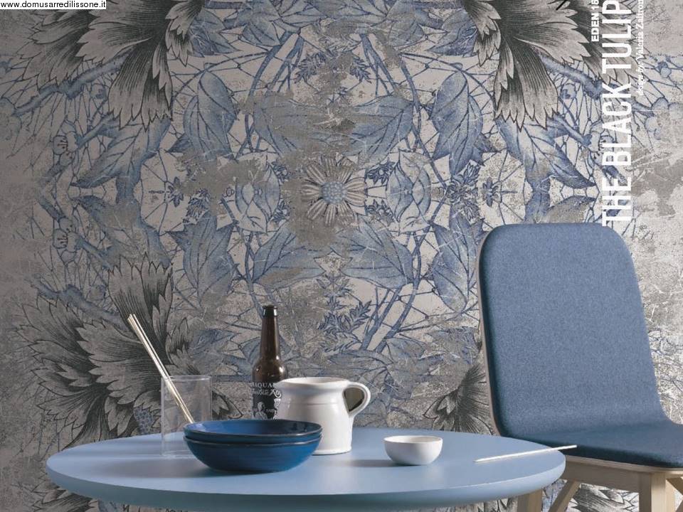 wallpaper floreale tonalit&agrave; azzurro blu oppure grigio nero