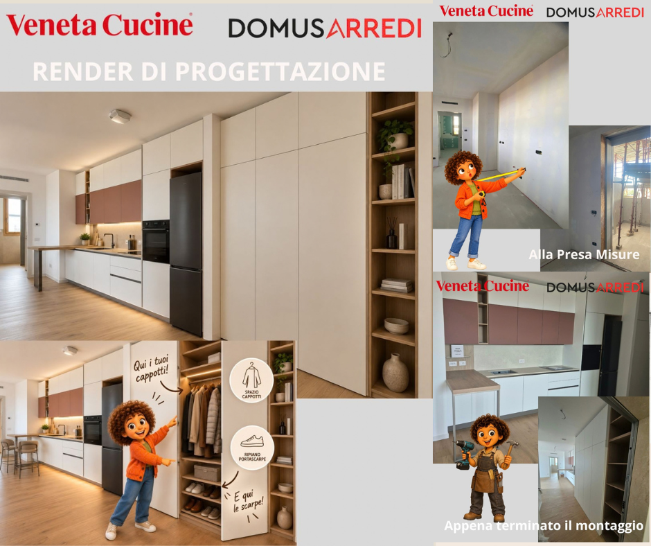 La cucina continua nell’ingresso e cambia funzione.