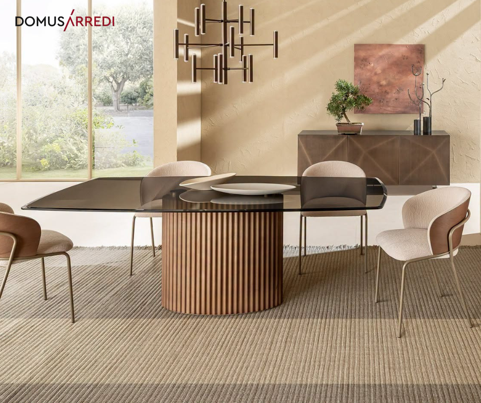 TAVOLO ENEA BASE LEGNO, PIANO CRISTALLO